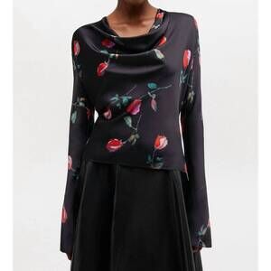 NEW GANNI printed stretch satin blouse in black